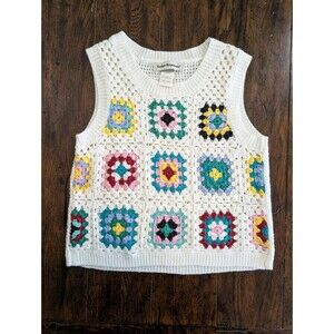 Cotton Emporium Crochet Granny Square XL Vest Boho Hippie Festival Knit Ivory